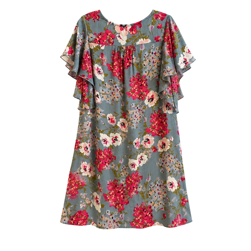 Umgee Blue Floral Flutter Sleeve V-Neck Mini Shift Dress Womens Medium - Picture 2 of 7